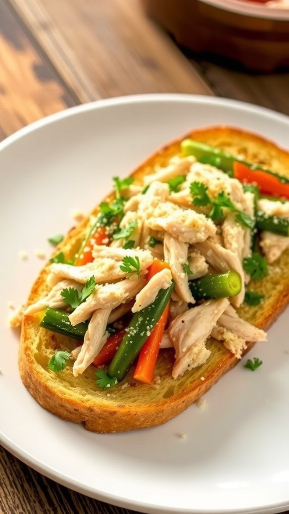 Golden garlic toast topped with chicken and vegetables, garnished with parsley and Parmesan cheese.